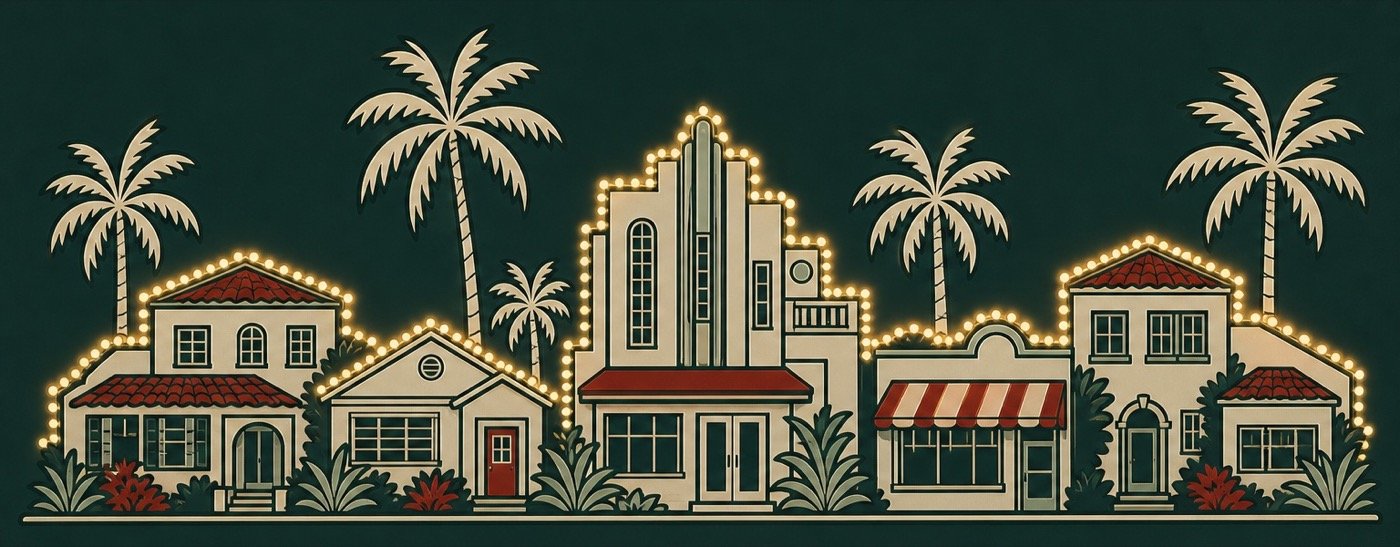 A painted row of Miami homes and storefronts with palm trees, every roofline traced in lit gold Christmas bulbs.